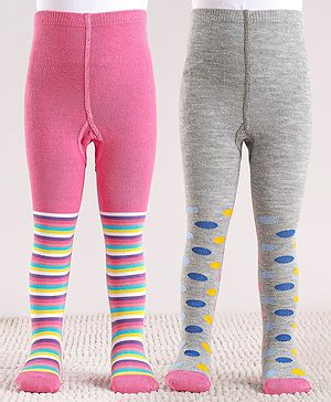Cute Walk by Babyhug Anti Bacterial Footed  Tights Stripes & Polka Dot Design Pack of 2 - Multicolor