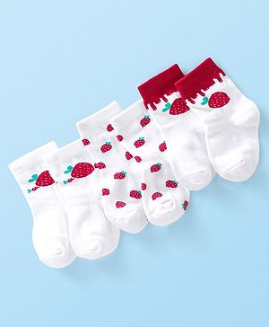 Cute Walk by Babyhug Anti-Bacterial Ankle Length Socks Strawberry Design Pack of 3 - Red & White