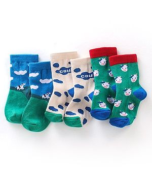 Cute Walk  By Babyhug Anti-Bacterial Ankle Length Socks Cow Design Pack Of 3- Green & White