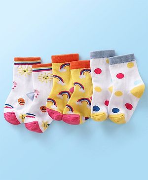 Cute Walk  By Babyhug Anti-Bacterial Ankle Length Socks Rainbow Polka Dot & Sun Design Pack Of 3- Yellow & White
