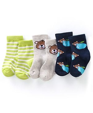 Cute Walk By Babyhug Anti-Bacterial Ankle Length Socks Striped & Teddy Bear Design Pack Of 3- White Green & Blue