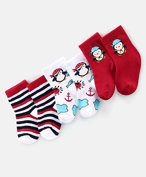 Cute Walk By Babyhug Anti-Bacterial Ankle Length Socks Stripes & Penguin Design Pack Of 3 - Multicolor
