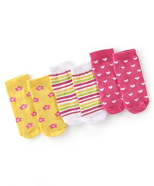 Cute Walk By Babyhug Anti-Bacterial Ankle Length Socks Striped Floral & Heart Design Pack Of 3- White Yellow & Pink