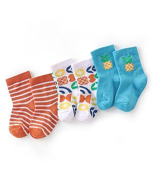 Cute Walk By Babyhug Anti-Bacterial Ankle Length Socks Striped  & Fruit Design Pack Of 3-  Red White & Blue