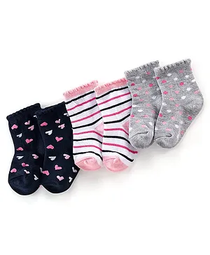 Cute Walk by Babyhug Cotton Blend Non Terry Antibacterial Ankle Length Socks Polka Dots & Striped Design Pack of 3 - Multicolour