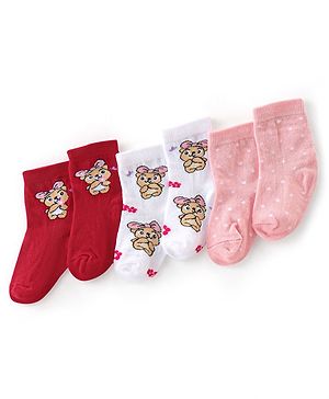 Cute Walk By Babyhug Anti-Bacterial Ankle Length Socks Dotted & Bunny Design Pack Of 3- Maroon  Pink & White