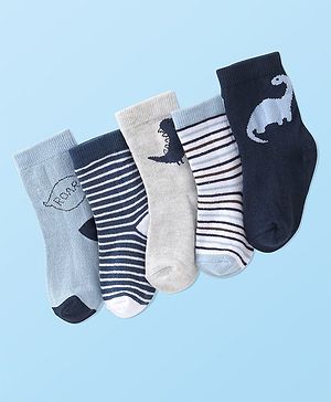 Cute Walk by Babyhug Anti-Bacterial Ankle Length Socks Dino Design Pack of 5 - Blue & Grey
