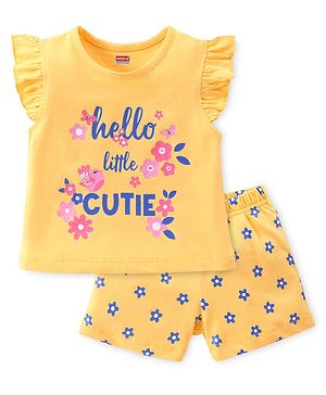 Babyhug Cotton Knit Half Sleeve Night Suit with Text Print - Yellow