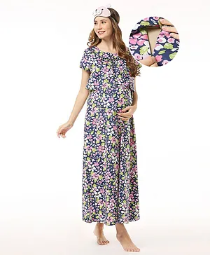 Bella Mama Cotton Knit Half Sleeves Concealed Zipper Floral Printed Nighty - Multicolour