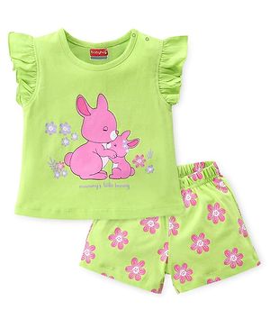 Babyhug Cotton Knit Flutter Sleeve Night Suit with Bunny Print - Green