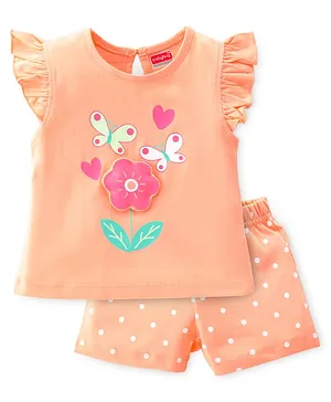 Babyhug Cotton Knit Flutter Sleeve Night Suit with Floral Applique Print - Orange