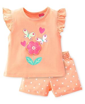 Babyhug Cotton Knit Flutter Sleeve Night Suit with Floral Applique Print - Orange
