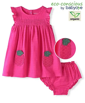 Babyoye 100% Organic Cotton Sleeveless Solid Dyed Frocks With Bloomer Pineapple Embroidery - Pink