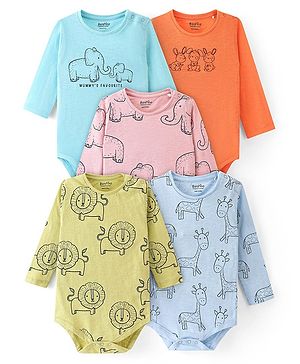 Bonfino 100% Cotton Knit Full Sleeves Onesies Animal Print Pack of 5 - Multicolour