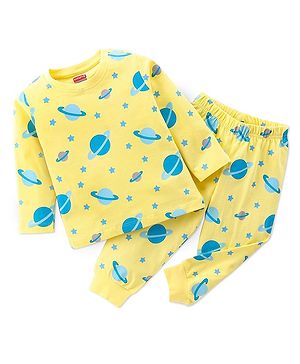 Babyhug Single Jersey Full Sleeves Night Suit Planets Print - Yellow