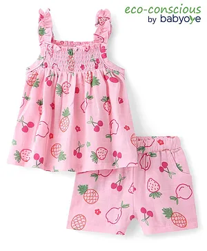 Babyoye 100% Cotton Organic Sleeveless Top & Shorts with Fruits Print - Pink