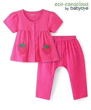 Babyoye 100% Cotton Organic Solid Dyed Half Sleeves Top & Lounge Pants With Strawberry Embroidery - Pink