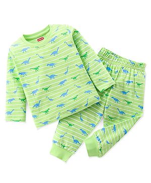Babyhug Single Jersey Full Sleeves Night Suit Dino Print - Green