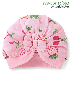 Babyoye  100% Cotton Woven Organic Caps Fruit Print with Bow Applique  -Pink