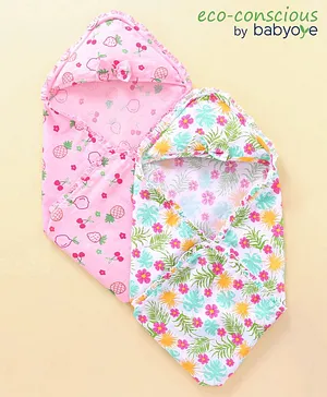 Babyoye  Eco Conscious 100% Cotton Organic  Hooded Towel & Wrappers Cherry Pineapple & Floral Print L 81 x B 81 cm - Pink & Yellow