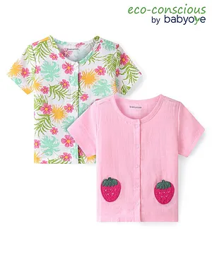 Babyoye 100% Cotton Knit with Eco Jiva Finish Half Sleeves Vests Floral Print Pack of 2 - Pink & White