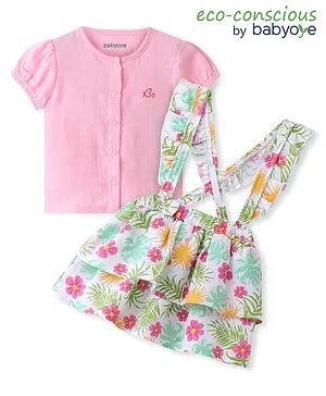 Babyoye 100% Cotton Organic Half Sleeves Top & Floral Printed Layered Skirt - Pink & White