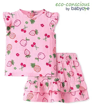 Babyoye 100% Cotton Organic Frill Sleeves Strawberry  Printed Top & Skirt Set -Pink