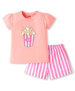 Babyhug Cotton Knit Half Sleeves Night Suit With Pop Corn Print & Applique - Peach & Pink