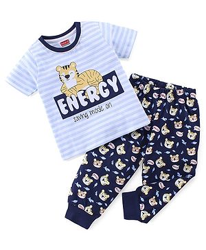 Babyhug Single Jersey Knit Half Sleeves Night Suit Tiger Printed - Grey & Navy Blue