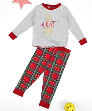 Little Jump Christmas Theme Full Sleeves  Oh What Fun Text Printed Tee With Checked Pajama Set - Red