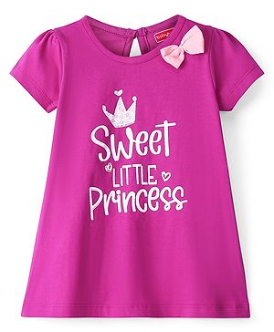 Babyhug 100% Cotton Jersey Knit Half Sleeves Frock Text Print - Magenta