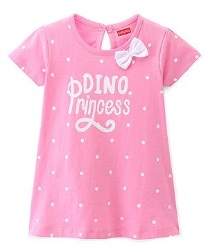 Babyhug Cotton Jersey Knit Half Sleeves Frock with Polka Dots Print & Bow Applique - Pink