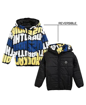 Okane Knit Full Sleeves Reversible Hooded Jacket Text Print & Solid Colour- Yellow & Blue