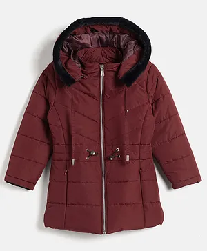 OKANE Knitted Full Sleeves Hooded Jacket With Solid Colour - Cherry