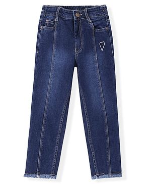 Pine Kids Ankle Length Denim  Washed Jeans with Heart Embroidery - Blue