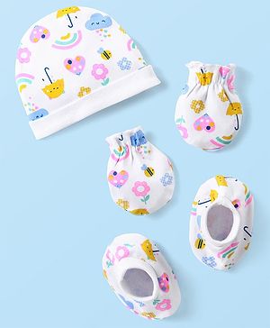 Babyhug 100% Cotton Cap Mittens & Booties Set Floral & Rainbow Print - Multicolour