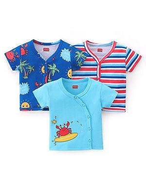 Babyhug 100% Cotton Knit Half Sleeves Front Open Vest Striped & Beach Theme Pack of 3 - Blue Red & White