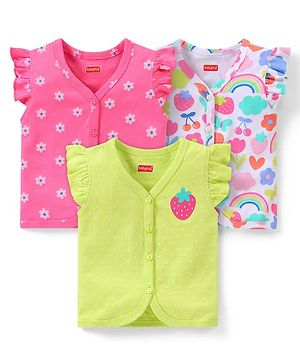 Babyhug 100% Cotton Knit Frill Sleeves Front Open Vests Strawberry & Floral Print Pack of 3 - Pink Green & White