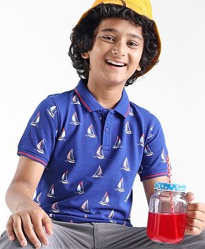 Pine Kids Cotton Knit Half Sleeves Polo T-Shirts Boat Print- Limoges