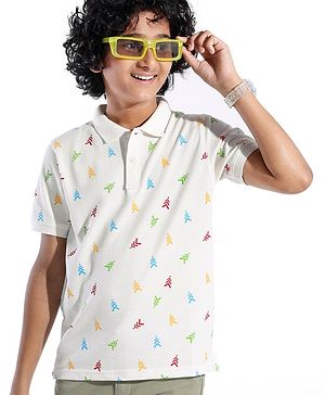 Pine Kids Cotton Blend Knit Half Sleeves Polo T-Shirt Logo Print - Snow White