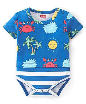 Babyhug 100% Cotton Half Sleeves Onesie With Beach Print - Navy Blue