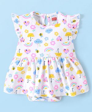 Babyhug 100% Cotton Frill Sleeves Frock Style Onesie Rainbow Print - Multicolour