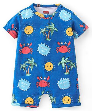 Babyhug 100% Cotton Knit Half Sleeves Romper With Beach Theme Print - Blue
