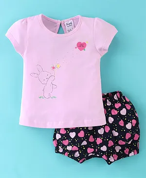 Simply Interlock Knit Half Sleeves Top and Shorts Set Bunny Print - Pink
