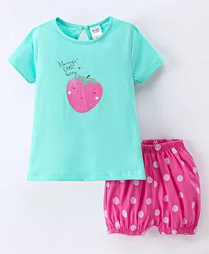 Simply Cotton Interlock Knit Half Sleeves Top & Shorts Set Strawberry & Polka Dot Print - Sky Blue
