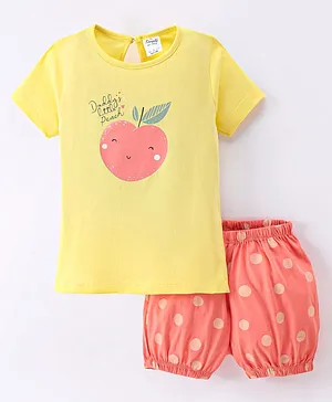 Simply Cotton Interlock Knit Half Sleeves Top & Shorts Set Peach & Polka Dot Print - Yellow