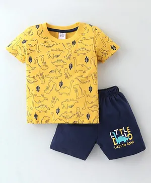 Simply Interlock Knit Half Sleeves T-Shirt and Shorts Set Dino Print - Yellow