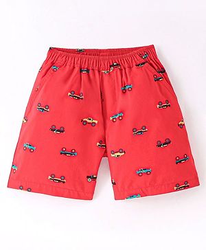 Simply Premium Cotton Knee Length Shorts Cars Printed - Red