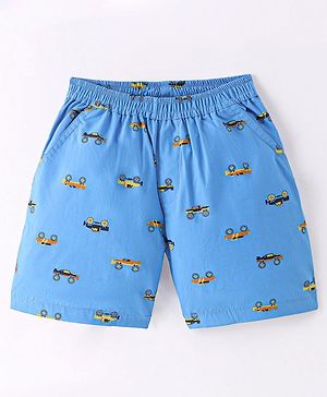 Simply Premium Cotton Knee Length Shorts Cars Printed - Blue