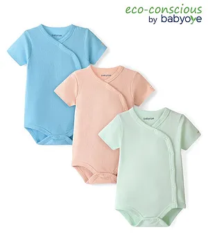 Babyoye 100% Cotton Waffle Knit with Eco Jiva Finish Solid Dyed Half Sleeves Onesies Pack of 3 -Multicolour